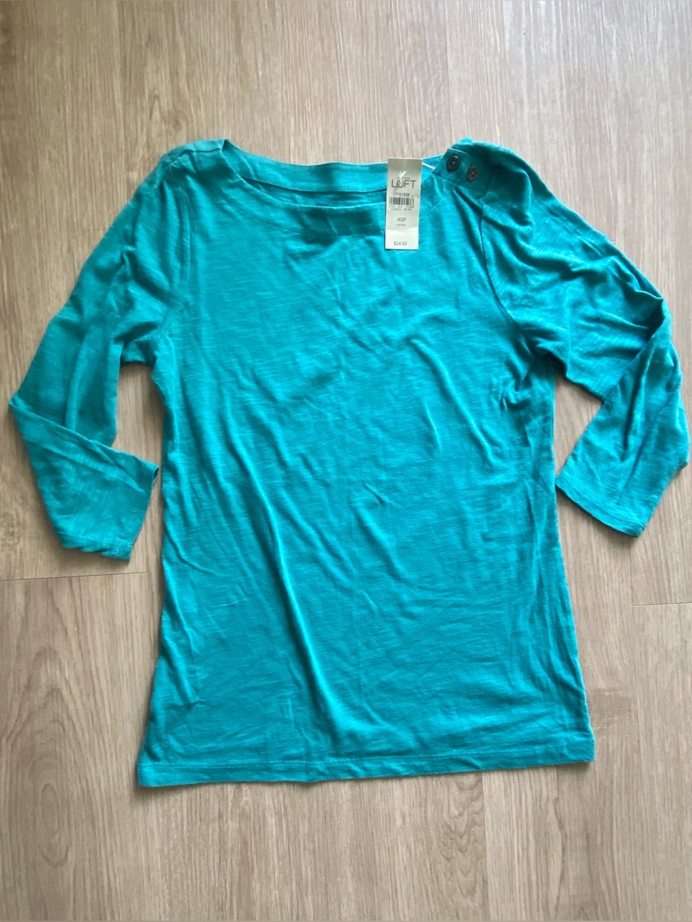 NWT LOFT Petite Teal cotton 3/4 Sleeve Boatneck Top
